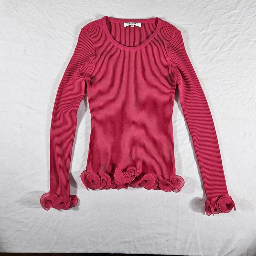Milly Pink Ribbed Ruffle Cuff Blouse